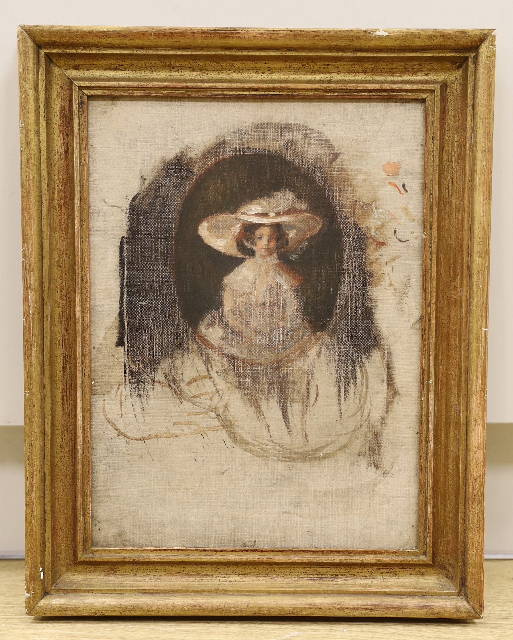 Late 19th century English School, oil on canvas, Sketch of a girl in a mirror, 39 x 29cm